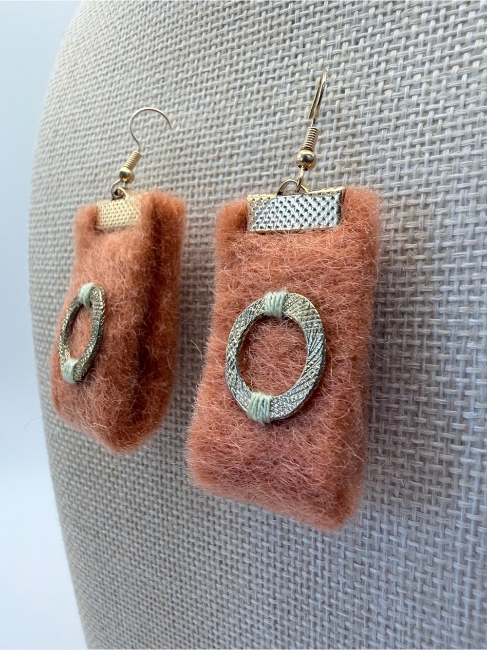 Hand Felted Eclectic Drop Earrings with gold Ring Accent in Peach